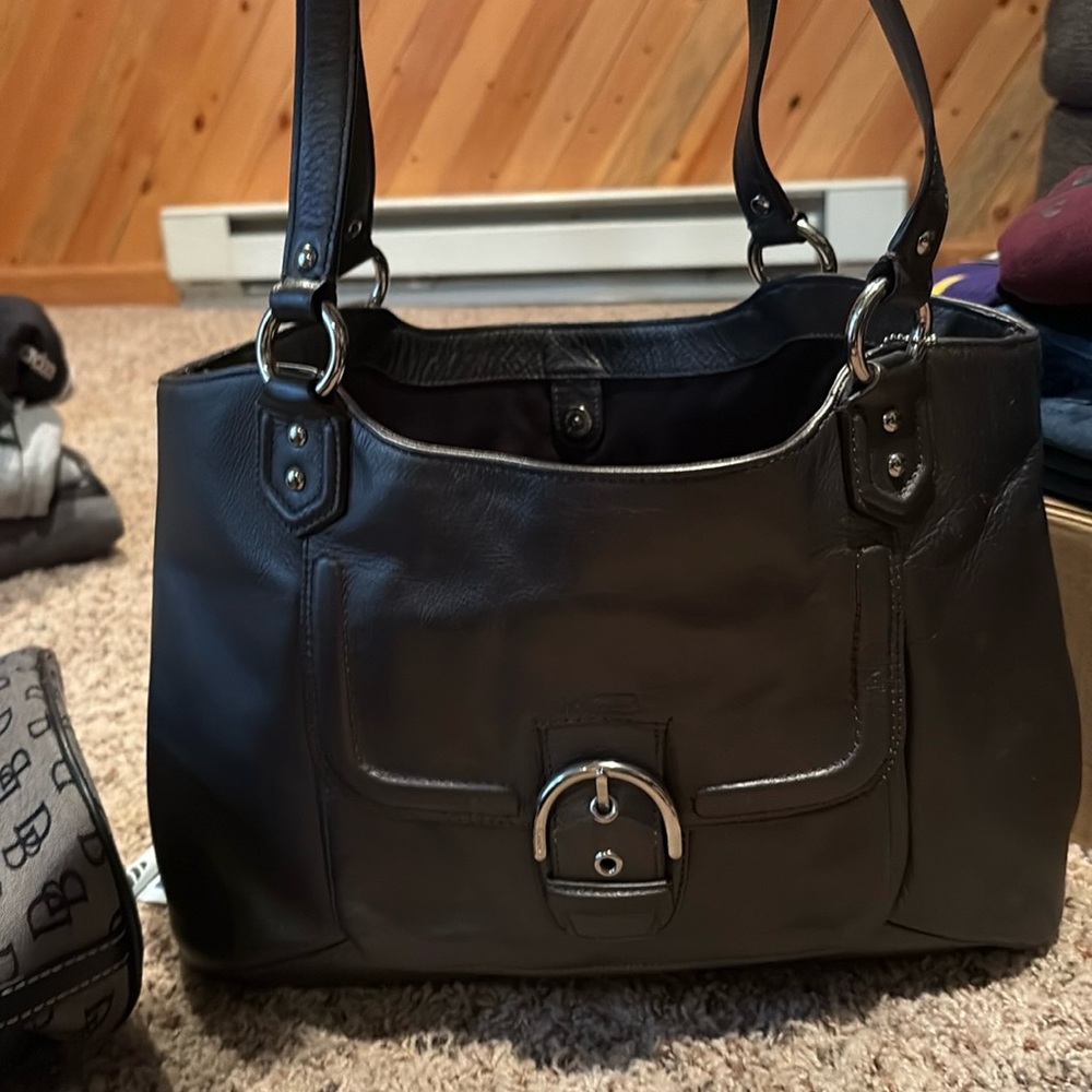 Coach Metallic GunMetal leather Buckle Tote Purse